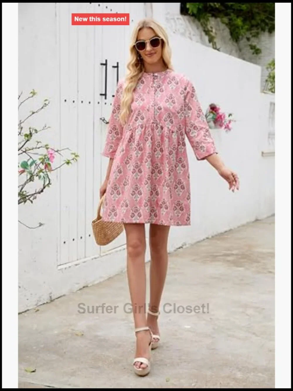 Women's 3/4 Sleeve 100% Cotton Floral Shift Mini Dress